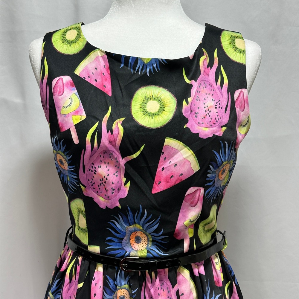 Lindy Bop Annie Exotic Popsicle Fruit Print Dress Black Womens US 6 Retro Pinup